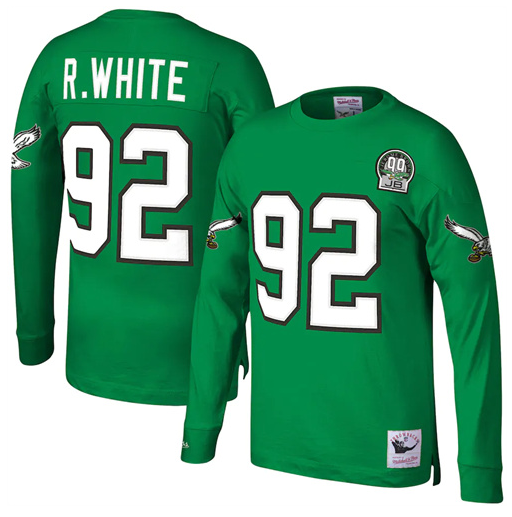 Men's Philadelphia Eagles #92 Reggie White Kelly Green Mitchell & Ness Throwback Stitched Long Sleeve Jersey Men's Philadelphia Eagles #92 Reggie White Kelly Green Mitchell & Ness Throwback Stitched Long Sleeve Jersey